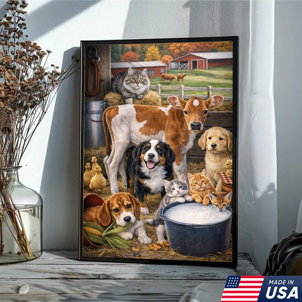 Farm Animals Canvas Wall Art – Cute Barn Animal Painting Cow Dog Cat Farm Decor