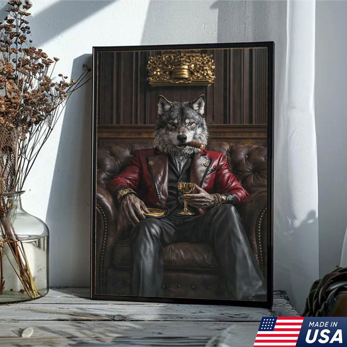 Luxury Alpha Wolf Canvas Wall Art, Aristocratic Wolf Gentleman Portrait