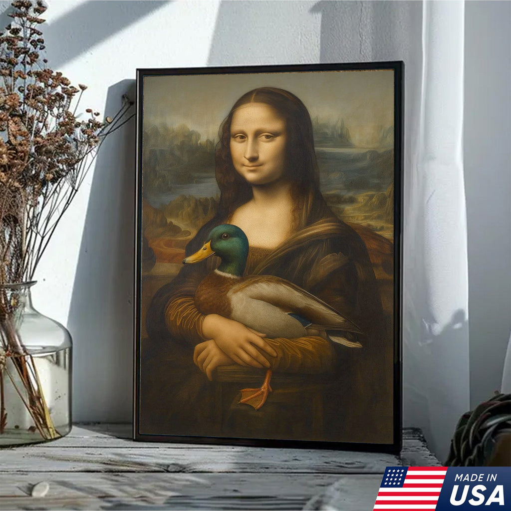 Funny Mona Lisa Duck Canvas Wall Art, Quirky Parody Painting Print for Bathroom or Office