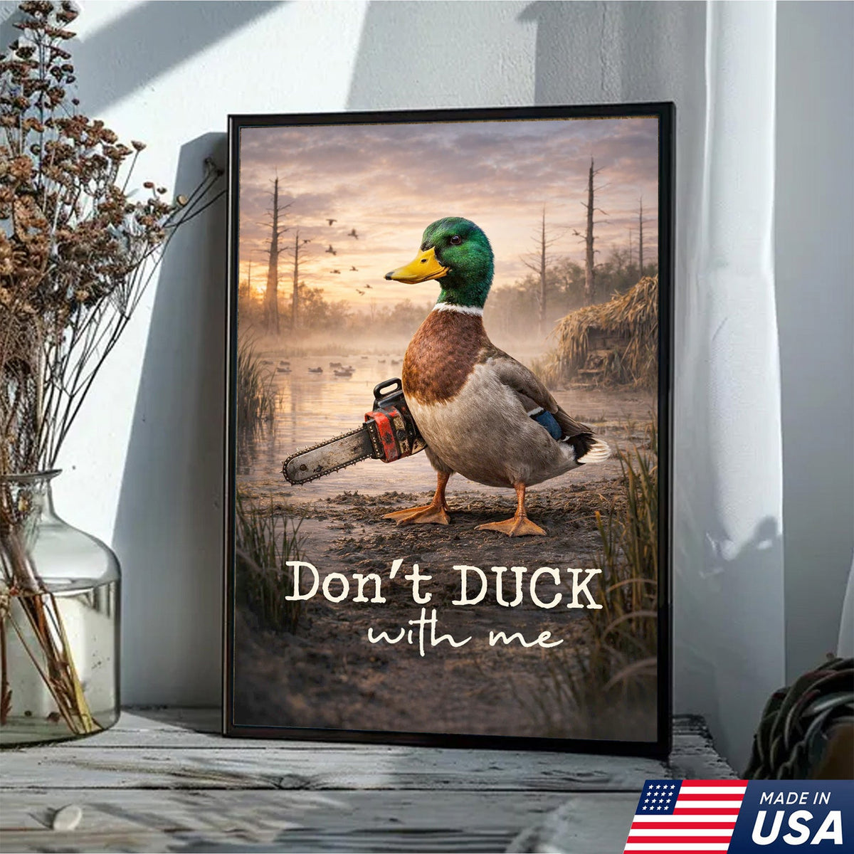 Don’t Duck With Me Canvas Wall Art, Funny Duck Chainsaw Artwork