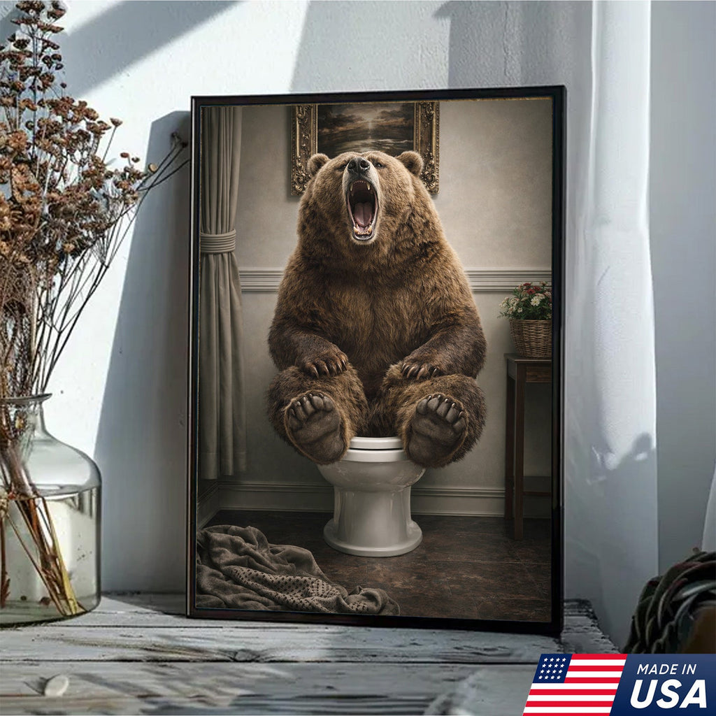 Funny Roaring Bear Bathroom Canvas Wall Art – Bear On Toilet Painting