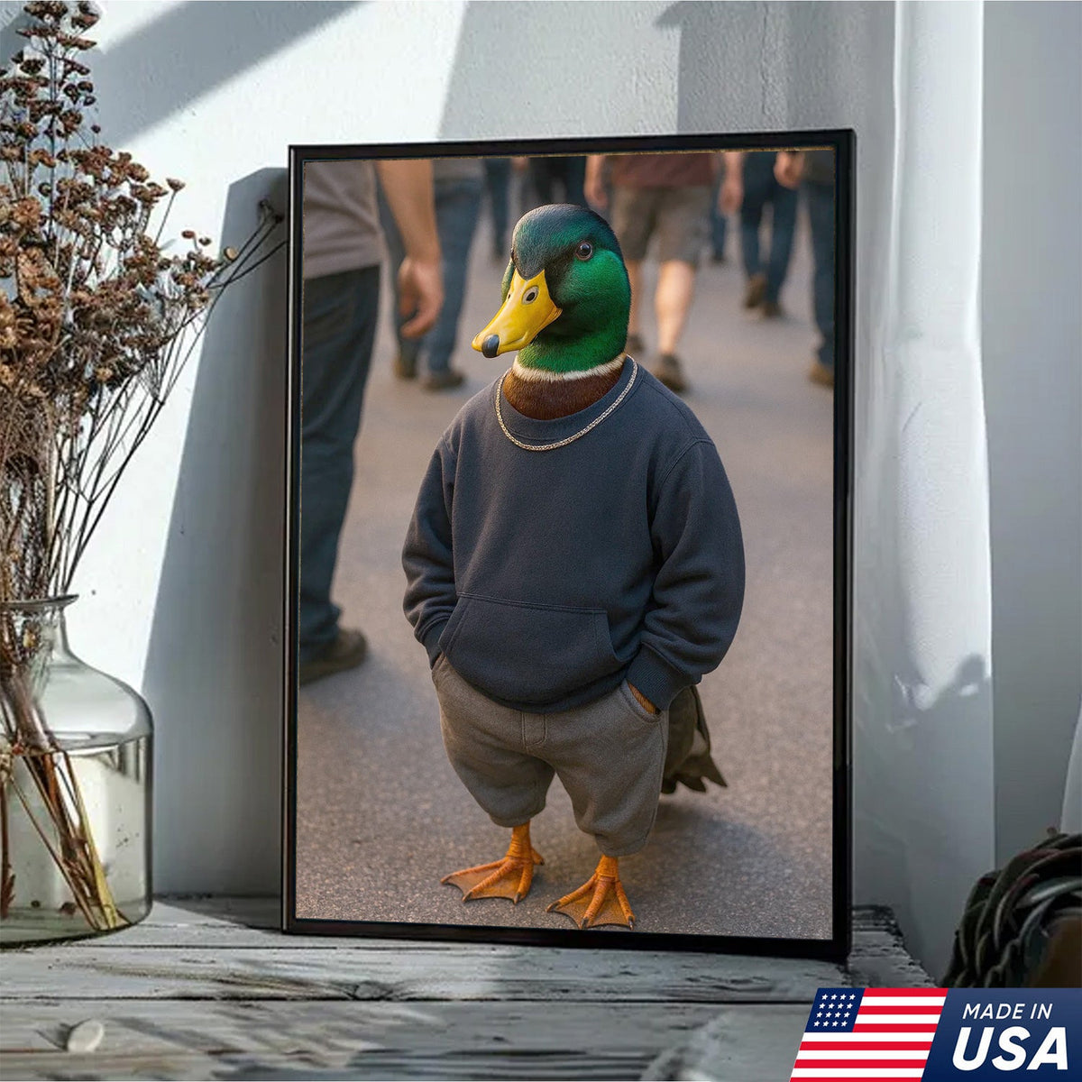 Funny Duck Canvas Wall Art, Cool Mallard in Hoodie Streetwear Poster