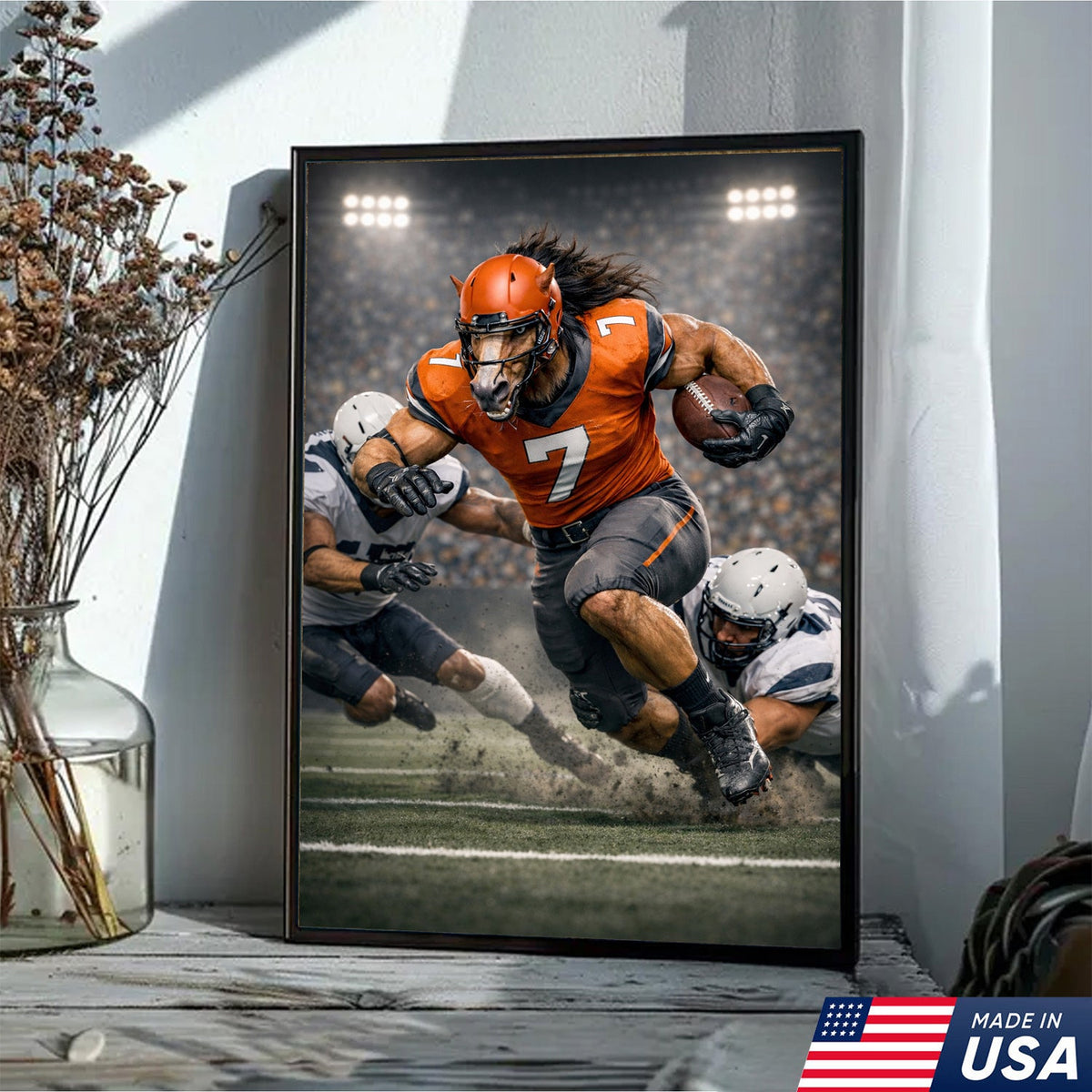 Wild Stallion Football Canvas Wall Art – Powerful Horse Athlete Stadium Action Print