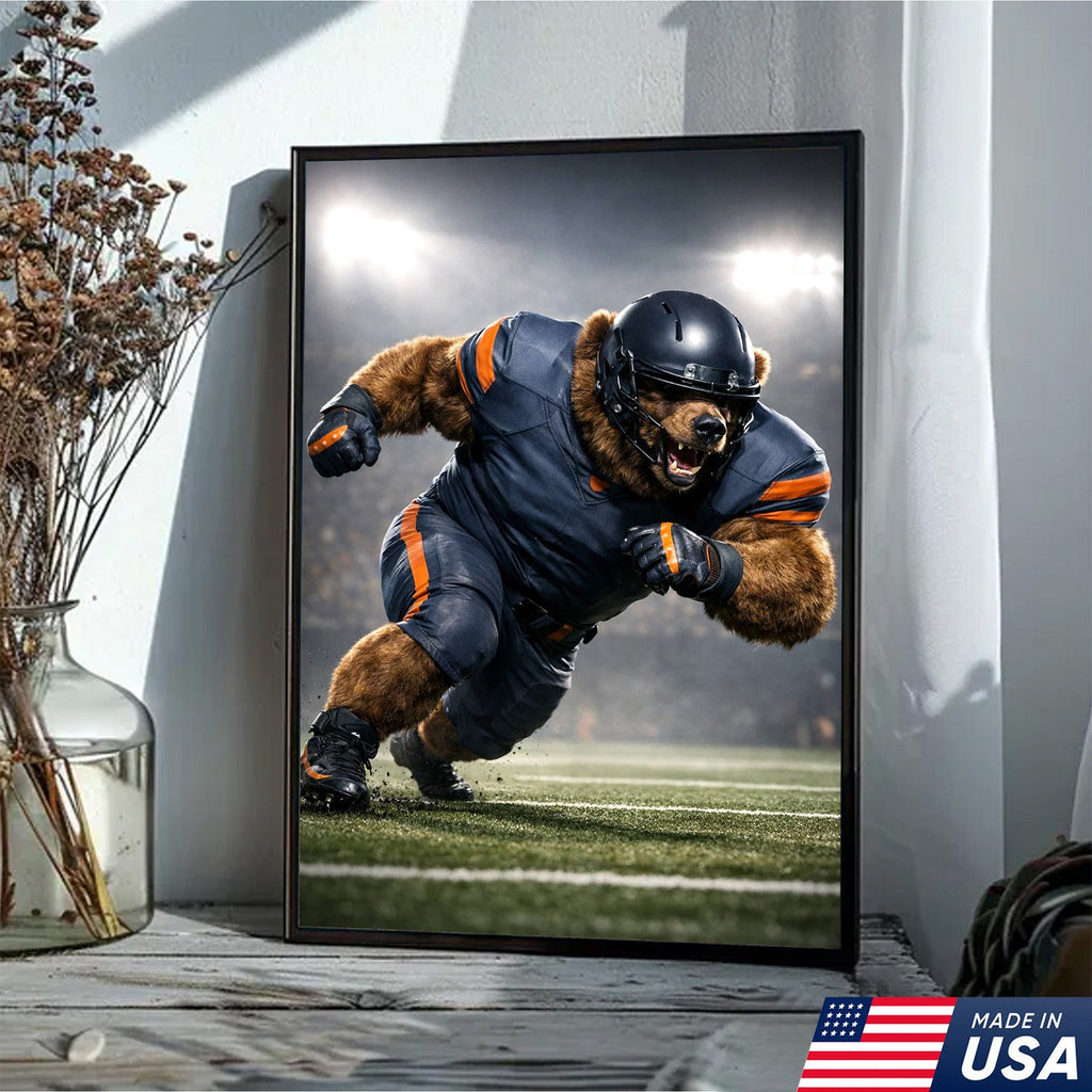 Raging Grizzly Football Canvas Wall Art – Powerful Bear Athlete Stadium Action Print