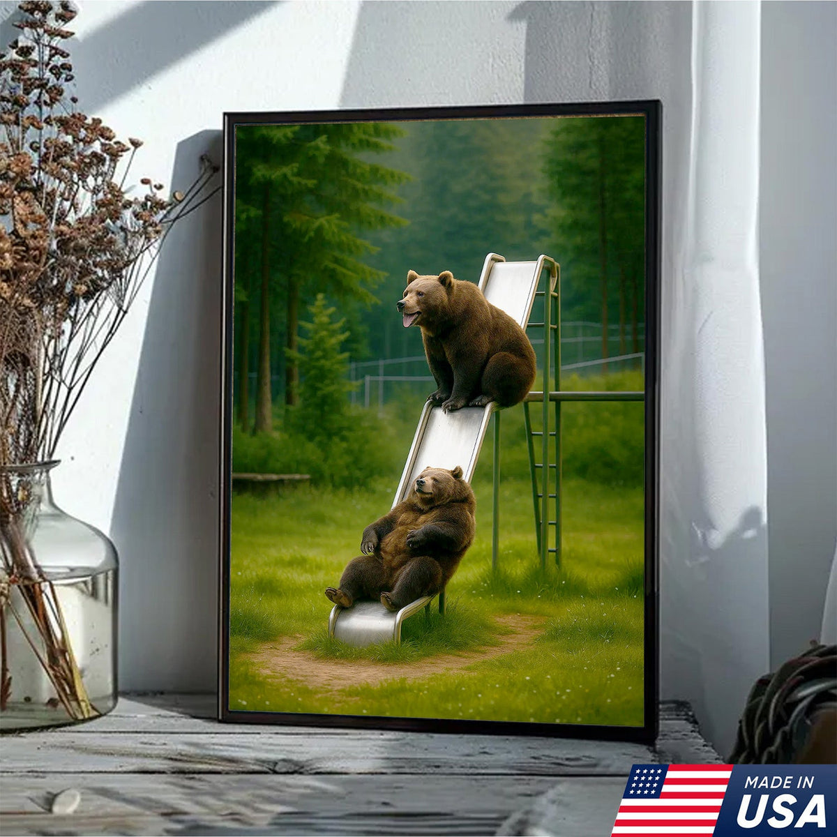 Bears on Playground Slide Canvas Wall Art, Funny Wildlife Cabin Decor