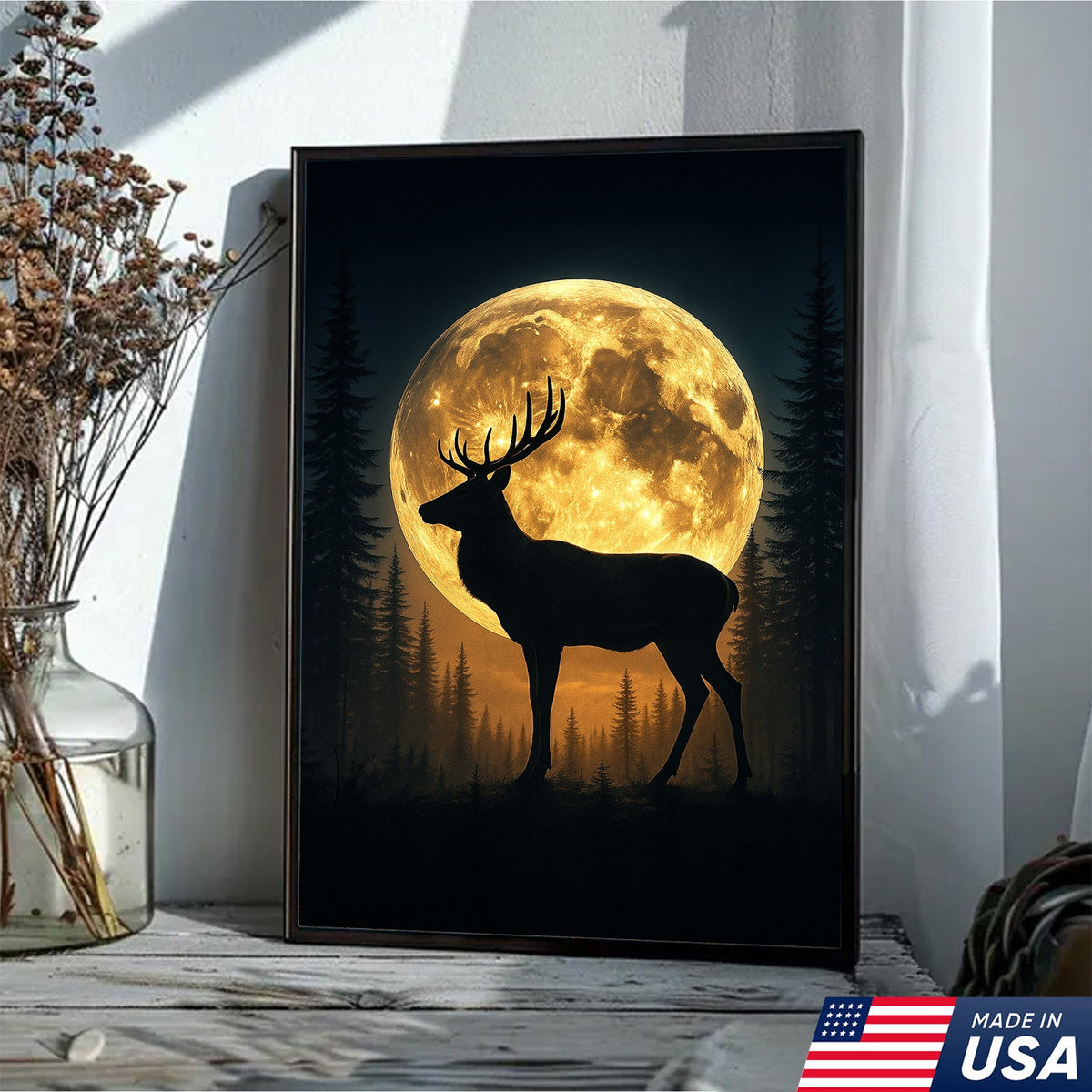 Moonlit Deer Silhouette Canvas – Rustic Forest Wall Art for Cabin & Lodge Decor