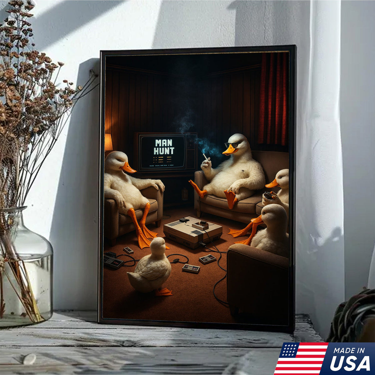 Gaming Ducks Retro Scene Canvas – Dark Humor Surreal Wall Art for Man Cave Decor
