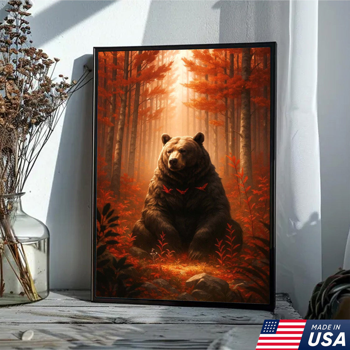 Autumn Forest Bear Canvas Wall Art, Majestic Brown Bear in Fall Woodland
