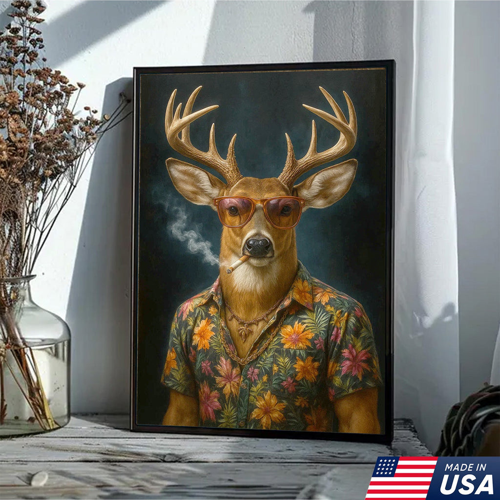 Cool Deer Smoking Canvas Wall Art, Funny Animal Portrait Artwork, Retro Hunter Gift Decor