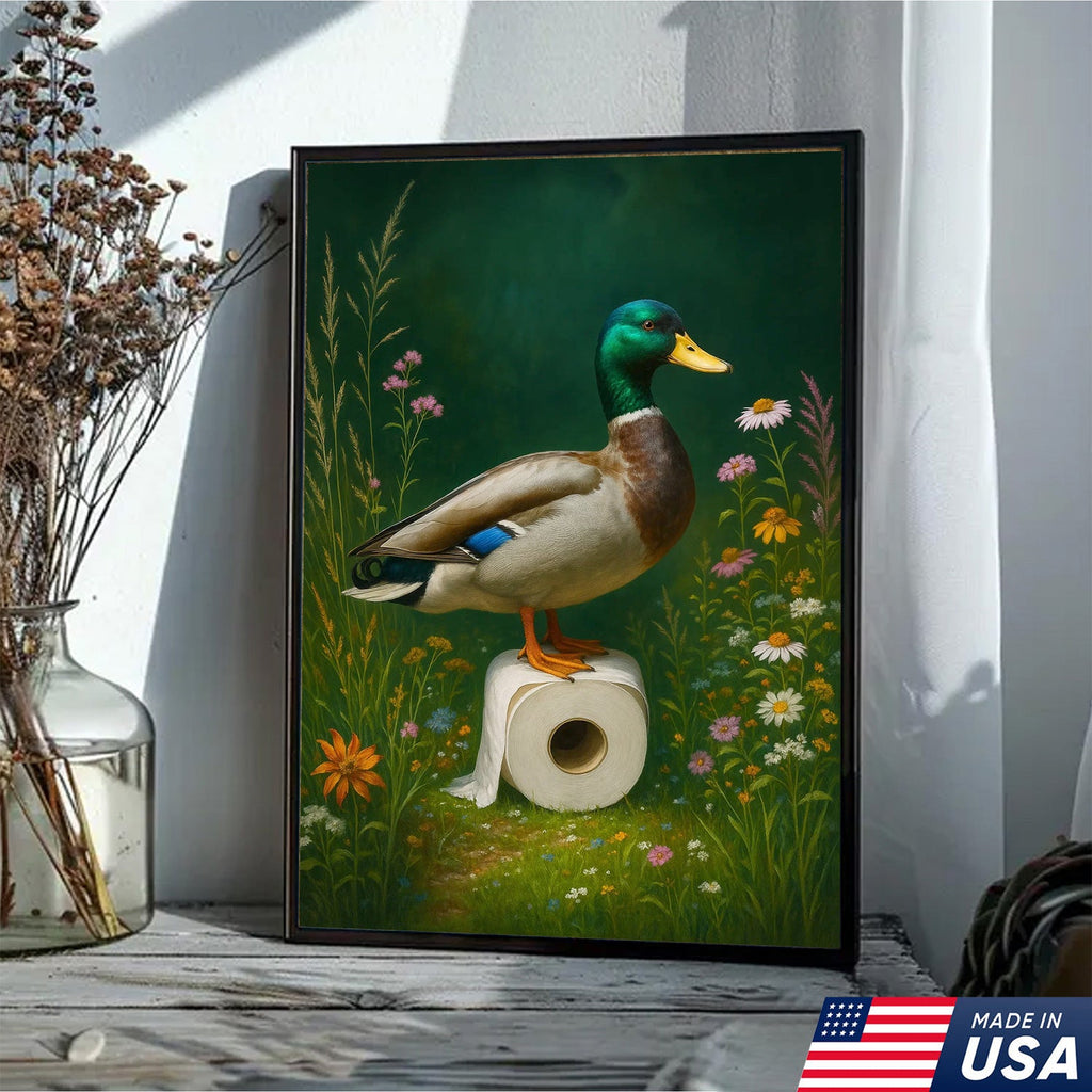 Duck on Toilet Paper Canvas Wall Art, Funny Bathroom Decor with Wildflowers