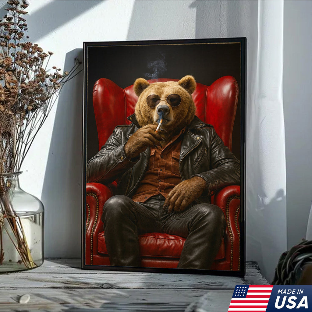 Cool Smoking Bear Wall Art Canvas – Badass Leather Chair Bear Canvas Print for Man Cave Decor
