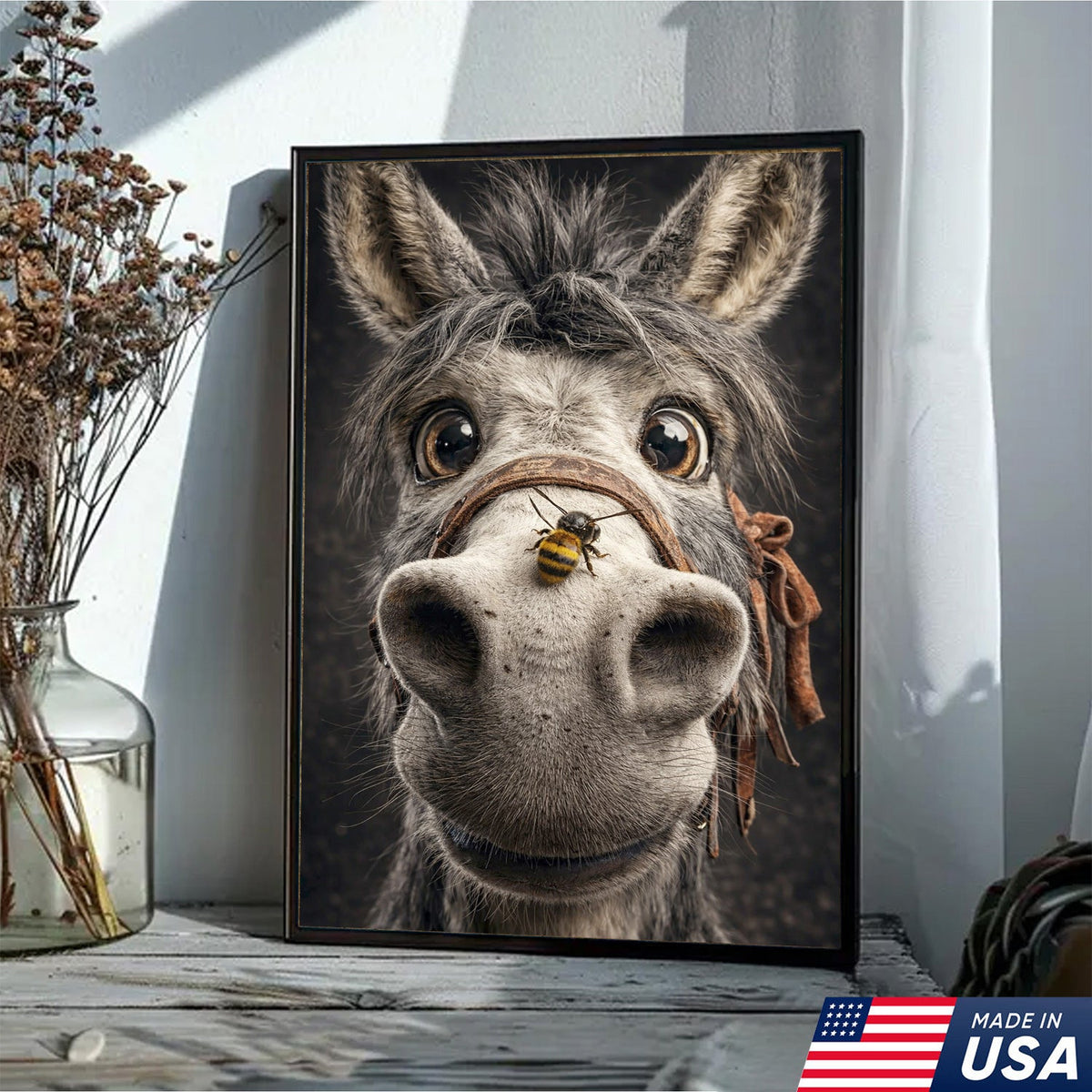 Funny Donkey Canvas Wall Art – Curious Donkey Portrait Farm Animal Wall Decor