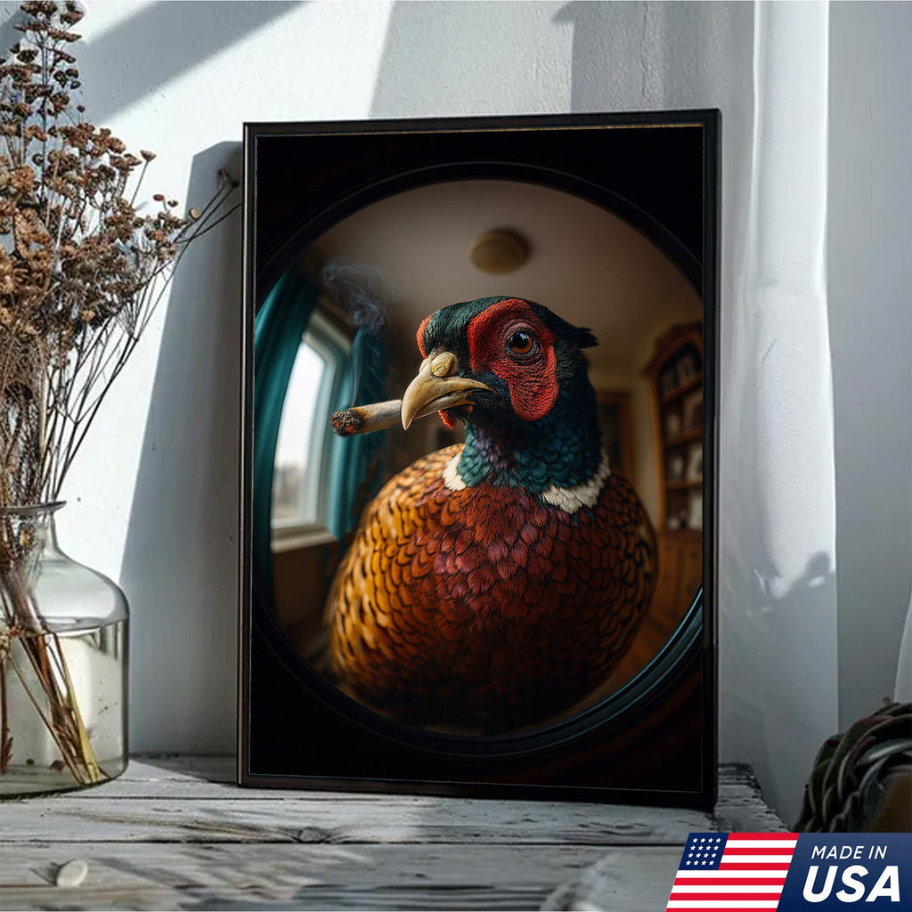 Funny Pheasant Wall Art Smoking Bird Print for Man Cave Decor - Unique Hunting Gift