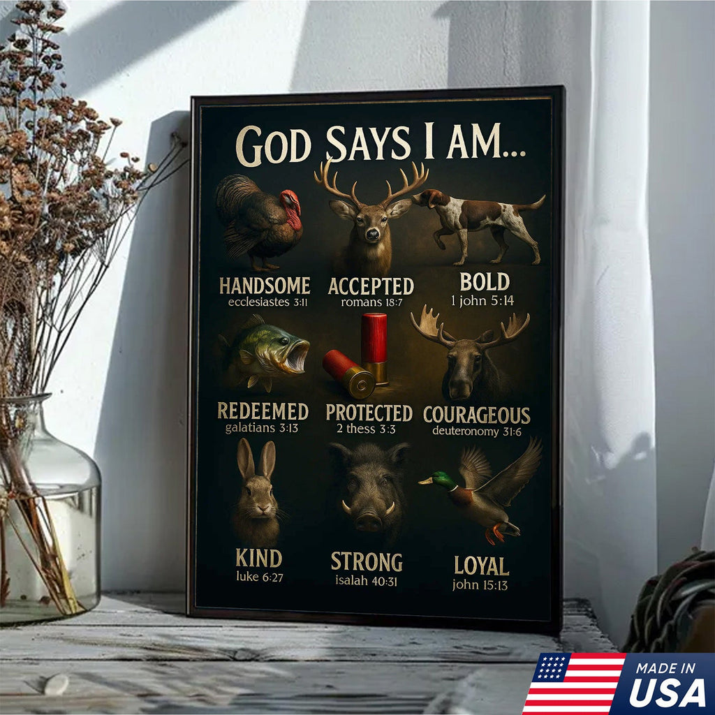 God Says I Am Hunting Canvas, Christian Wildlife Wall Art with Deer, Turkey, Duck, and Moose