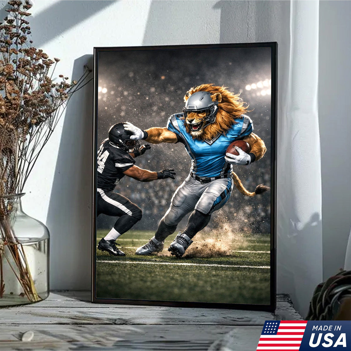 Fearless Lion Football Canvas Wall Art – Powerful Big Cat Athlete Stadium Action Print