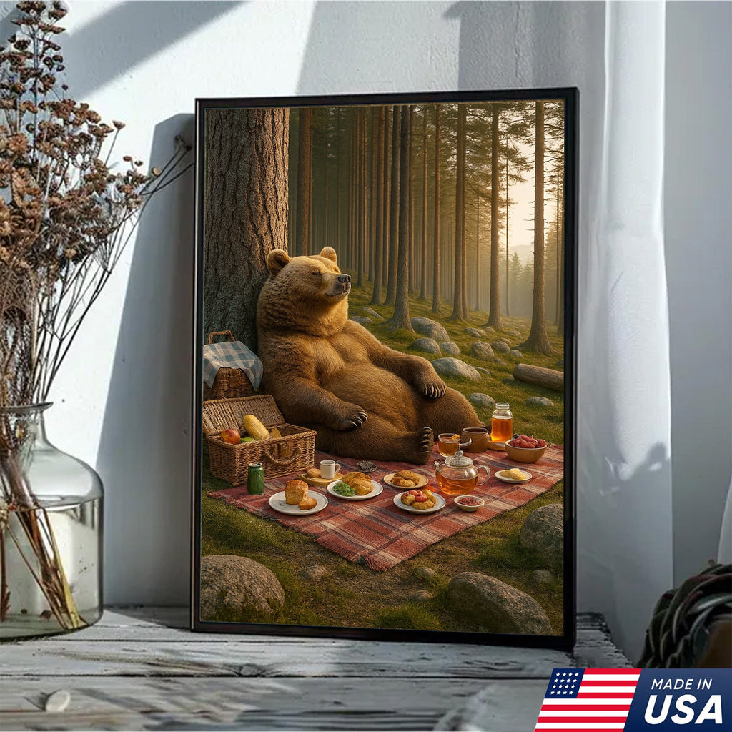Bear Picnic Forest Wall Art Canvas – Relaxing Woodland Bear Canvas Print for Kitchen Cabin Decor