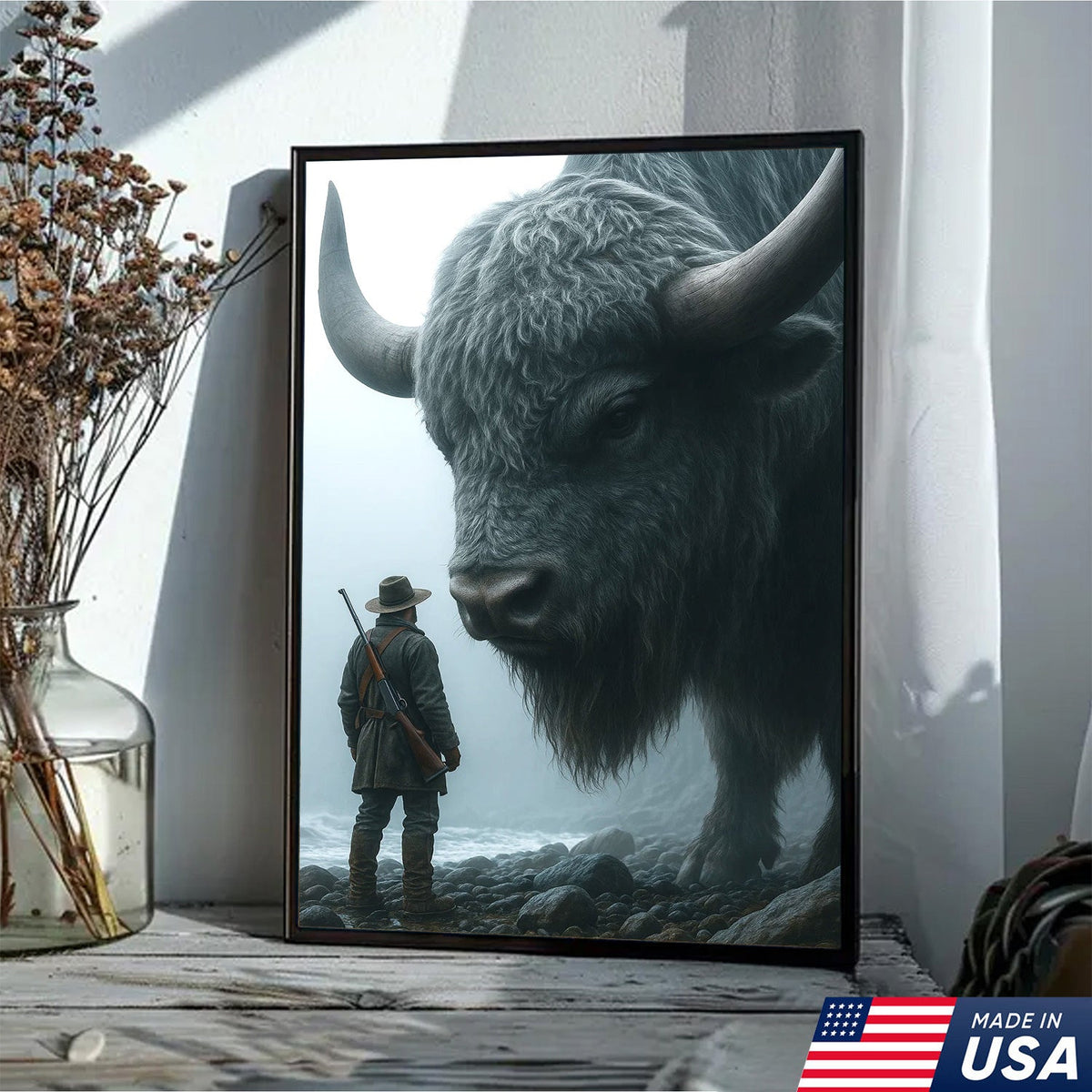 Giant Bison and Cowboy Wall Art Canvas, Western Hunter Standing by Buffalo Print