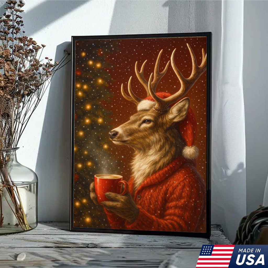 Christmas Deer Drink Coffee In Cozy Sweater Canvas Wall Art - Holiday Cabin Decor