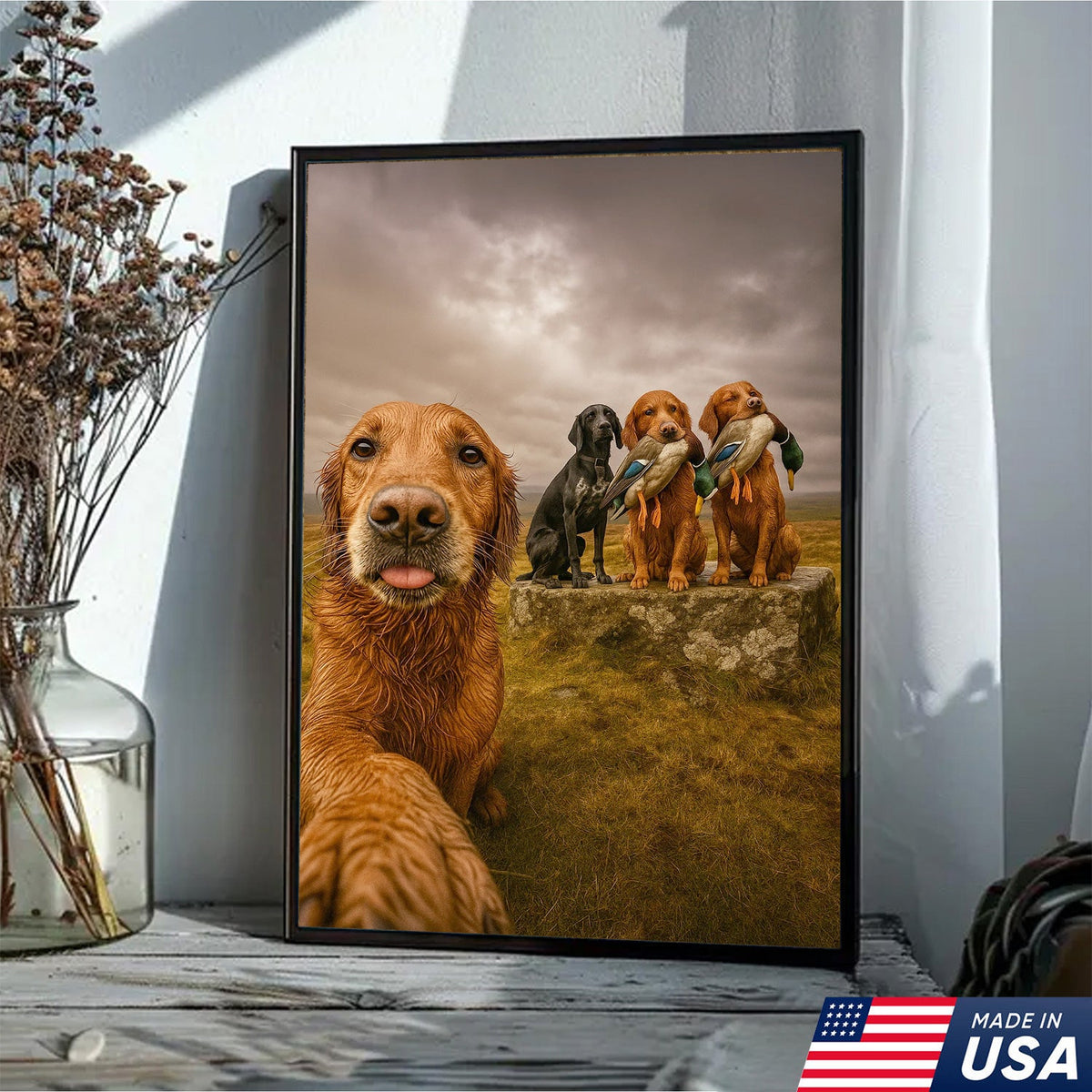 Hunting Dogs Selfie Canvas Art – Funny Retriever Group Photo with Ducks