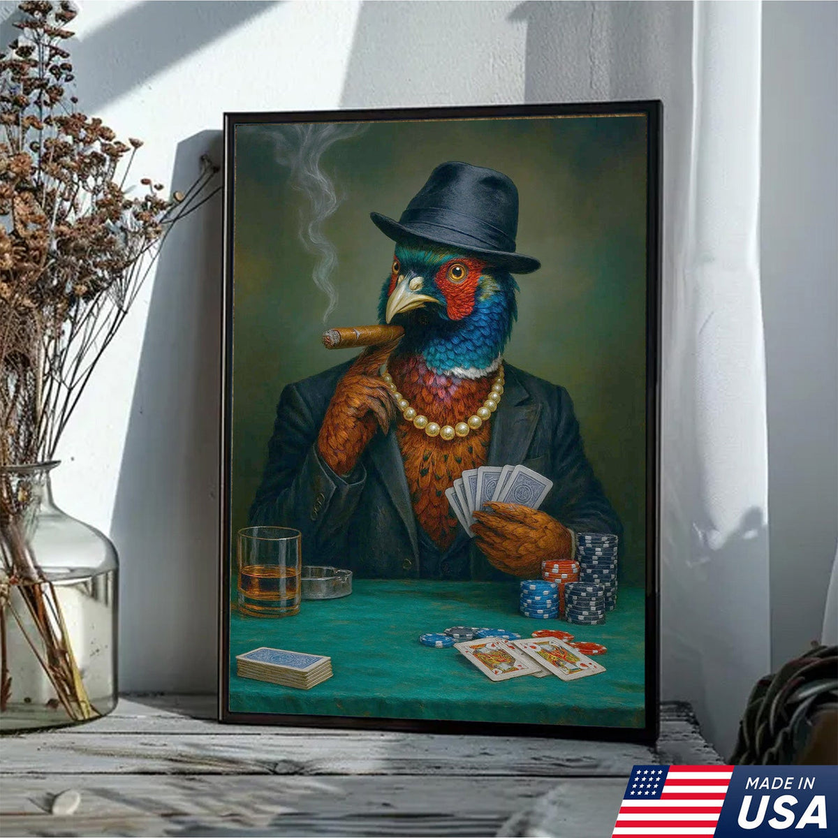 Funny Pheasant Poker Player Canvas Wall Art, Colorful Bird in Suit Casino Decor