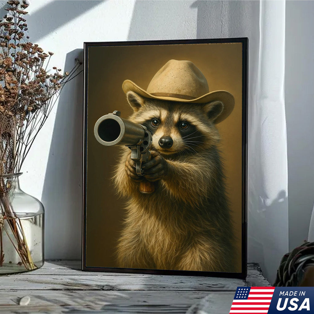 Cowboy Raccoon with Revolver Canvas Wall Art, Funny Western Critter Decor