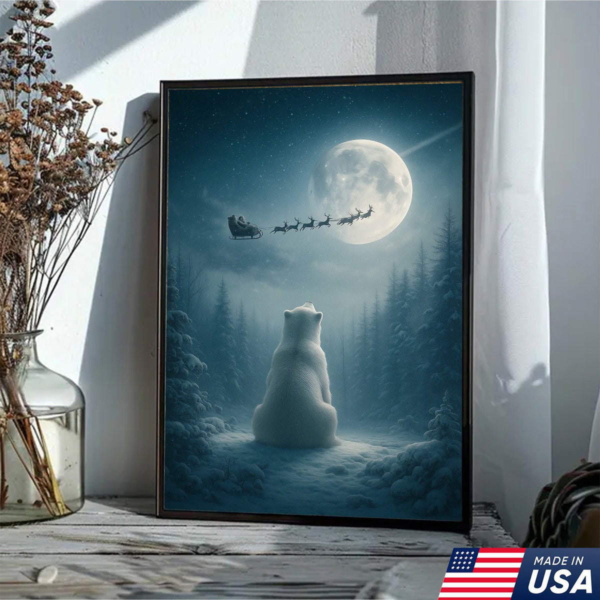 Christmas Polar Bear Santa Sleigh Wall Art Canvas, Winter Night Forest Moon Decor
