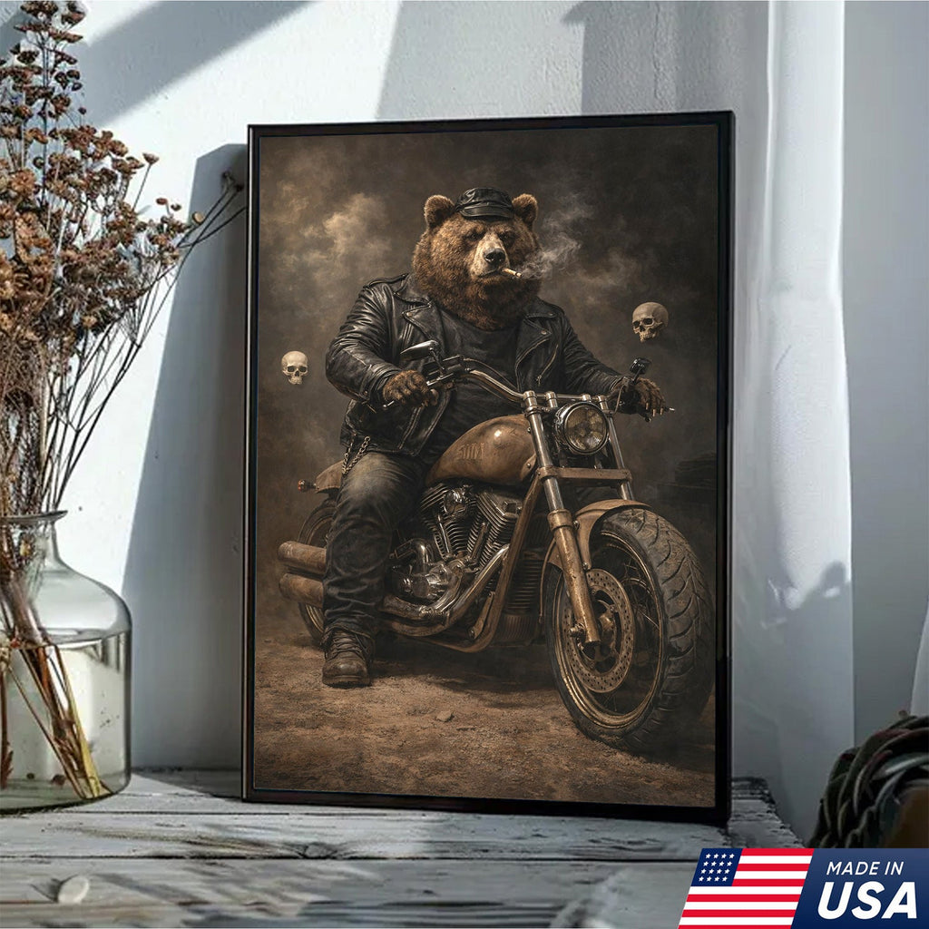 Bear Motorcycle Canvas Print Biker Animal Wall Art Man Cave Decor Gift