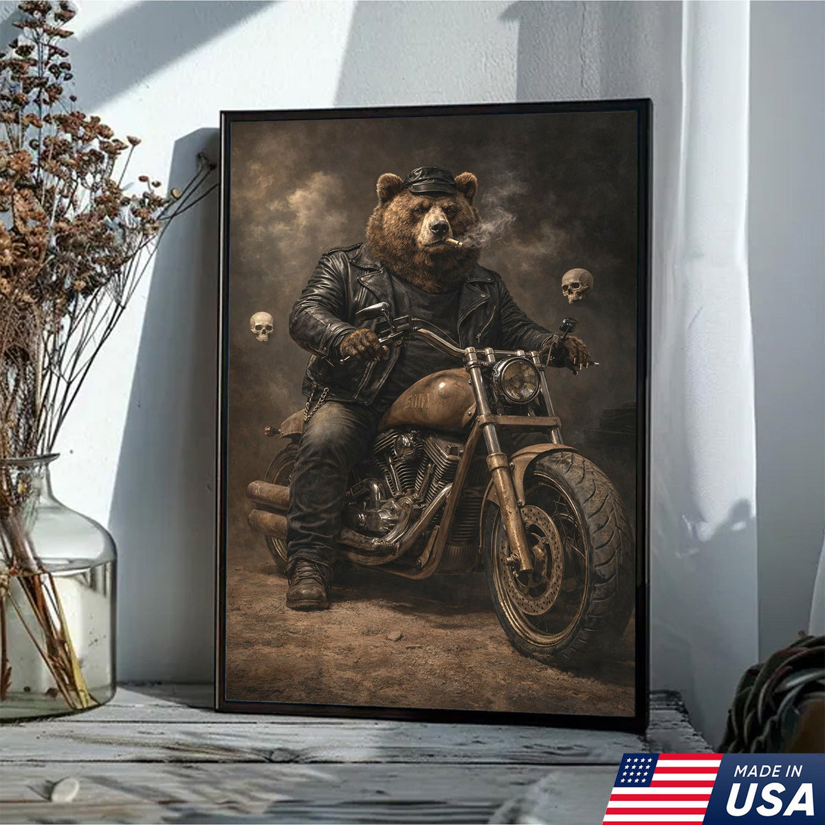 Bear Motorcycle Canvas Print Biker Animal Wall Art Man Cave Decor Gift