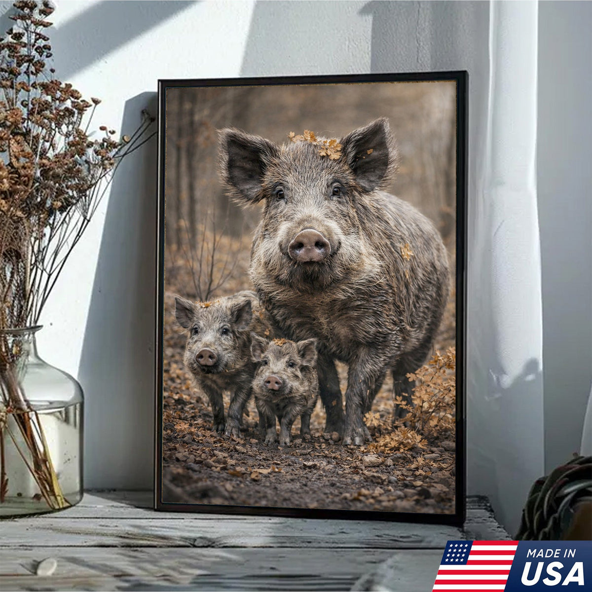 Wild Boar Family Canvas Wall Art – Rustic Forest Wildlife Animal Wall Decor