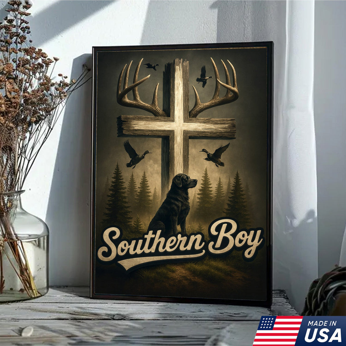 Southern Boy Canvas Wall Art, Deer Antler Cross with Labrador Retriever and Flying Ducks