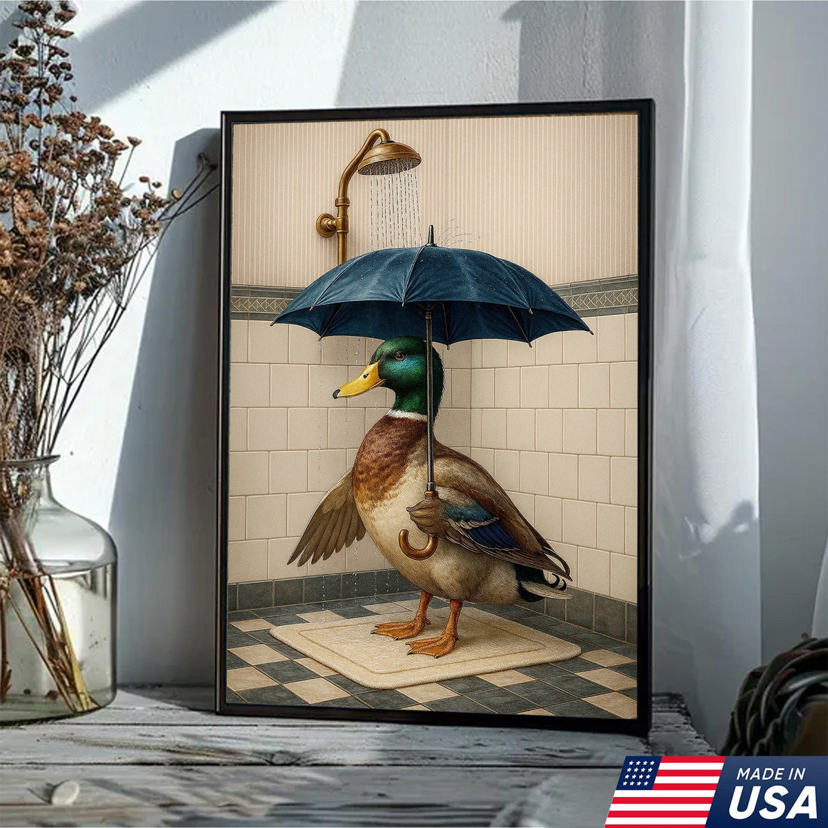 Duck with Umbrella in Shower Canvas Wall Art, Quirky Bathroom Wall Decor