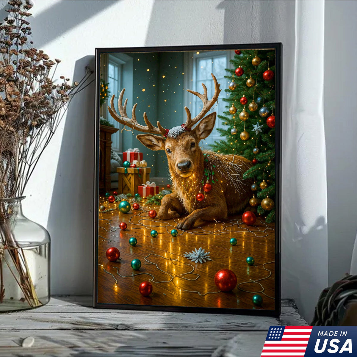 Christmas Reindeer Living Room Canvas Wall Art, Cute Deer With Christmas Tree and Ornaments