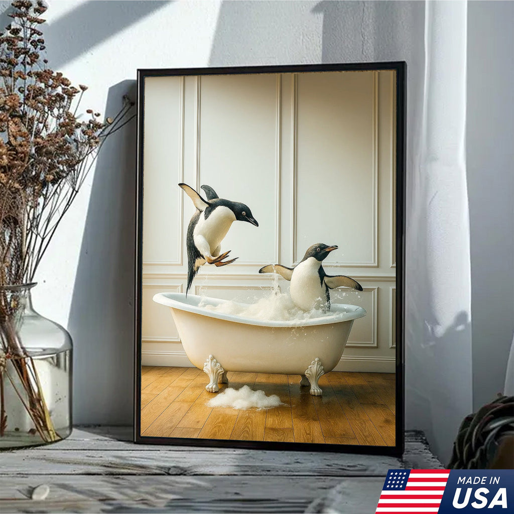 Playful Penguin Bubble Bath Wall Art Canvas, Jumping Penguins in Bathtub Bathroom Decor