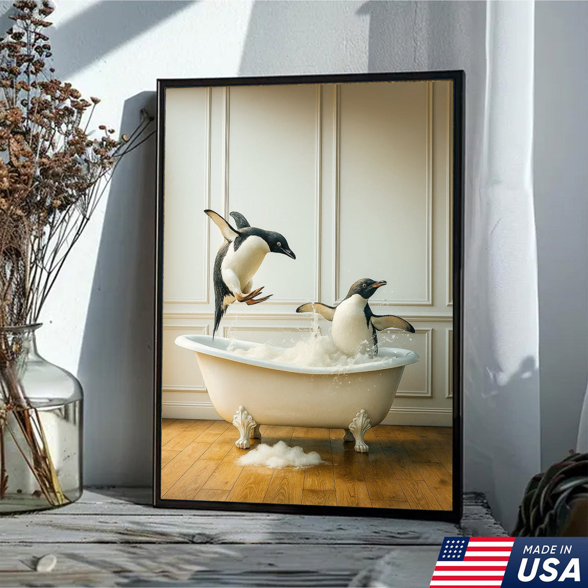 Playful Penguin Bubble Bath Wall Art Canvas, Jumping Penguins in Bathtub Bathroom Decor