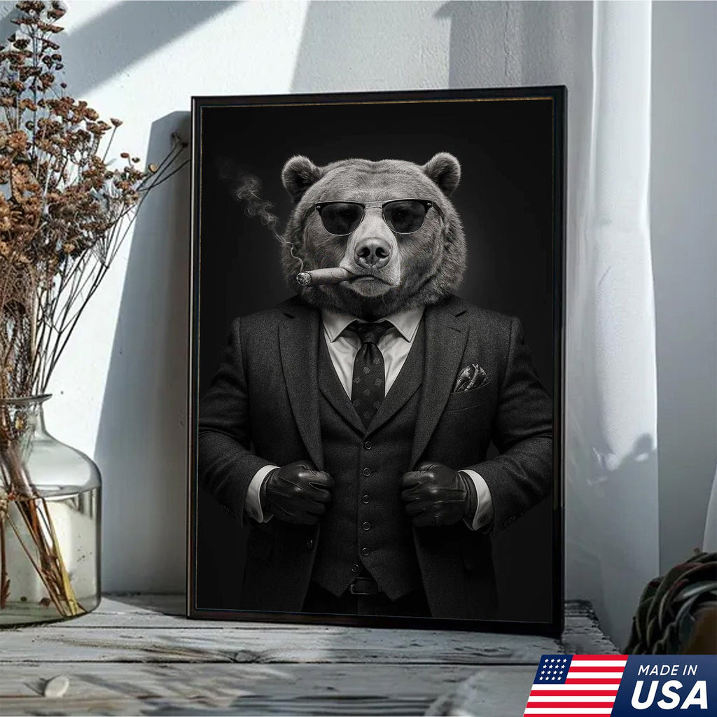 Bear in Suit Canvas Wall Art, Black and White Animal Portrait, Modern Office Decor for Men