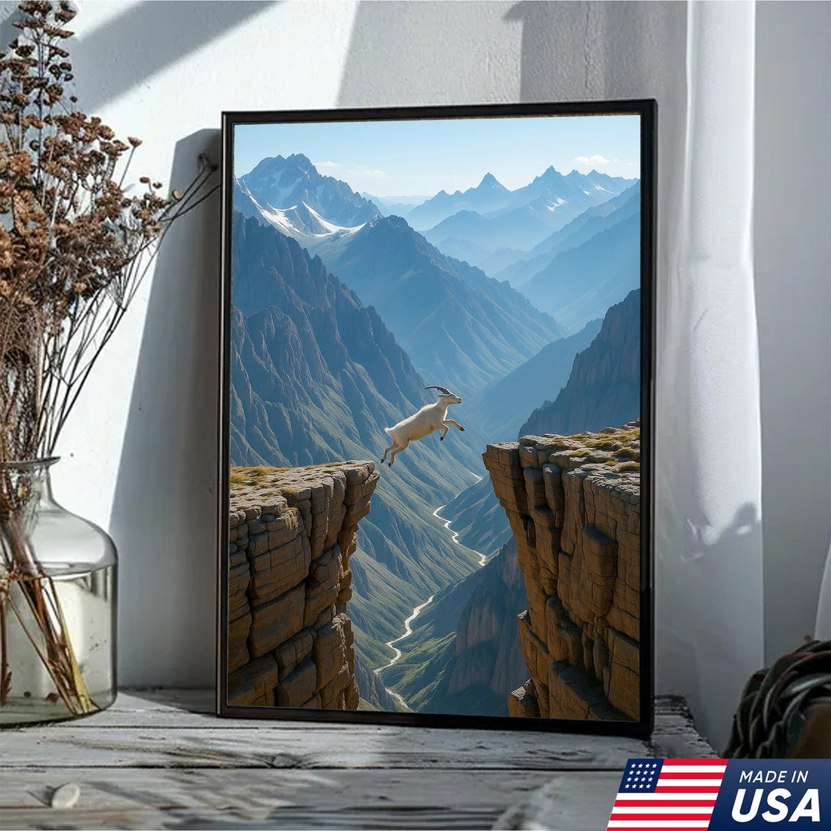 Mountain Goat Cliff Jump Canvas Wall Art, Alpine Canyon Landscape Print