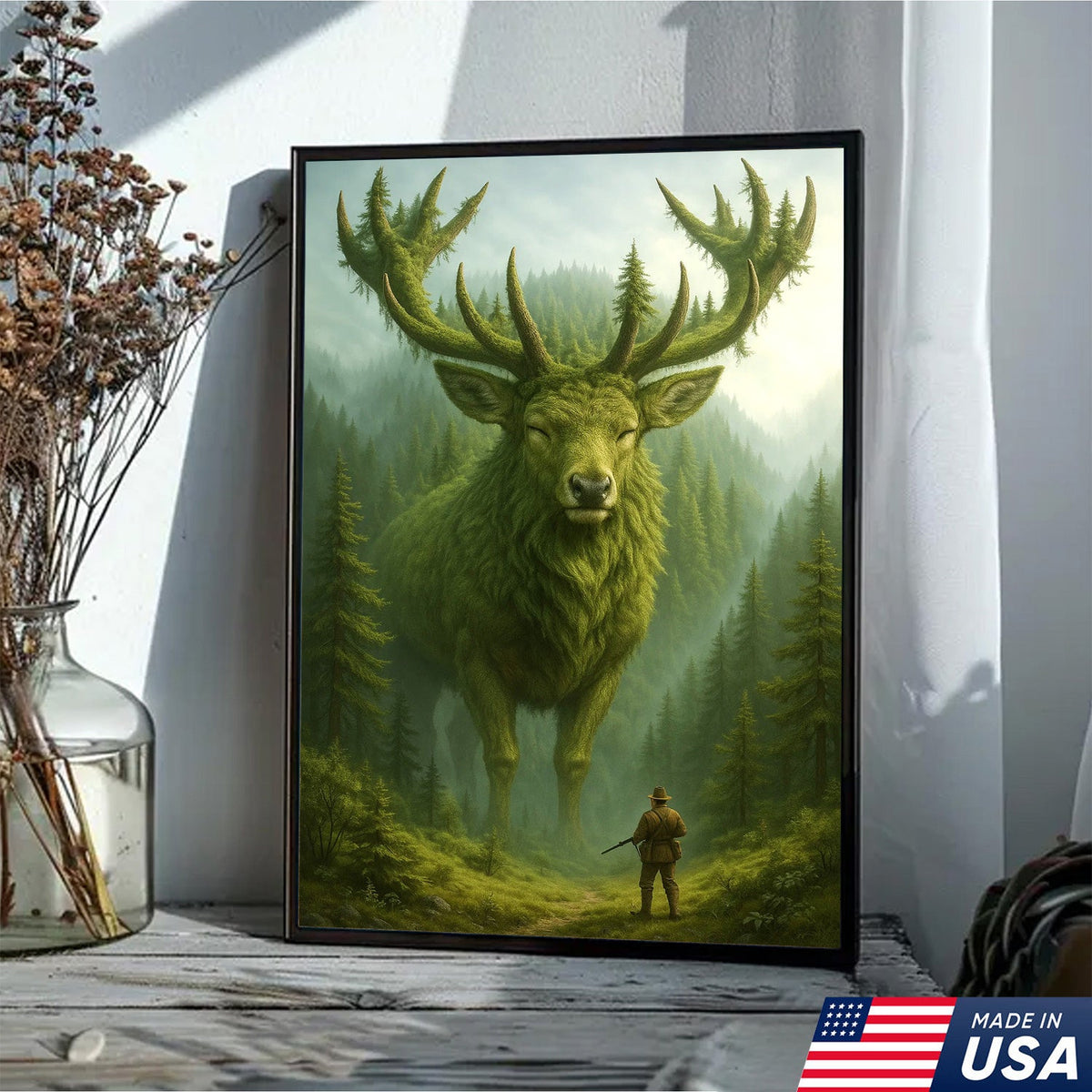 Forest Spirit Deer Wall Art Canvas, Giant Moss Elk with Hunter Fantasy Landscape