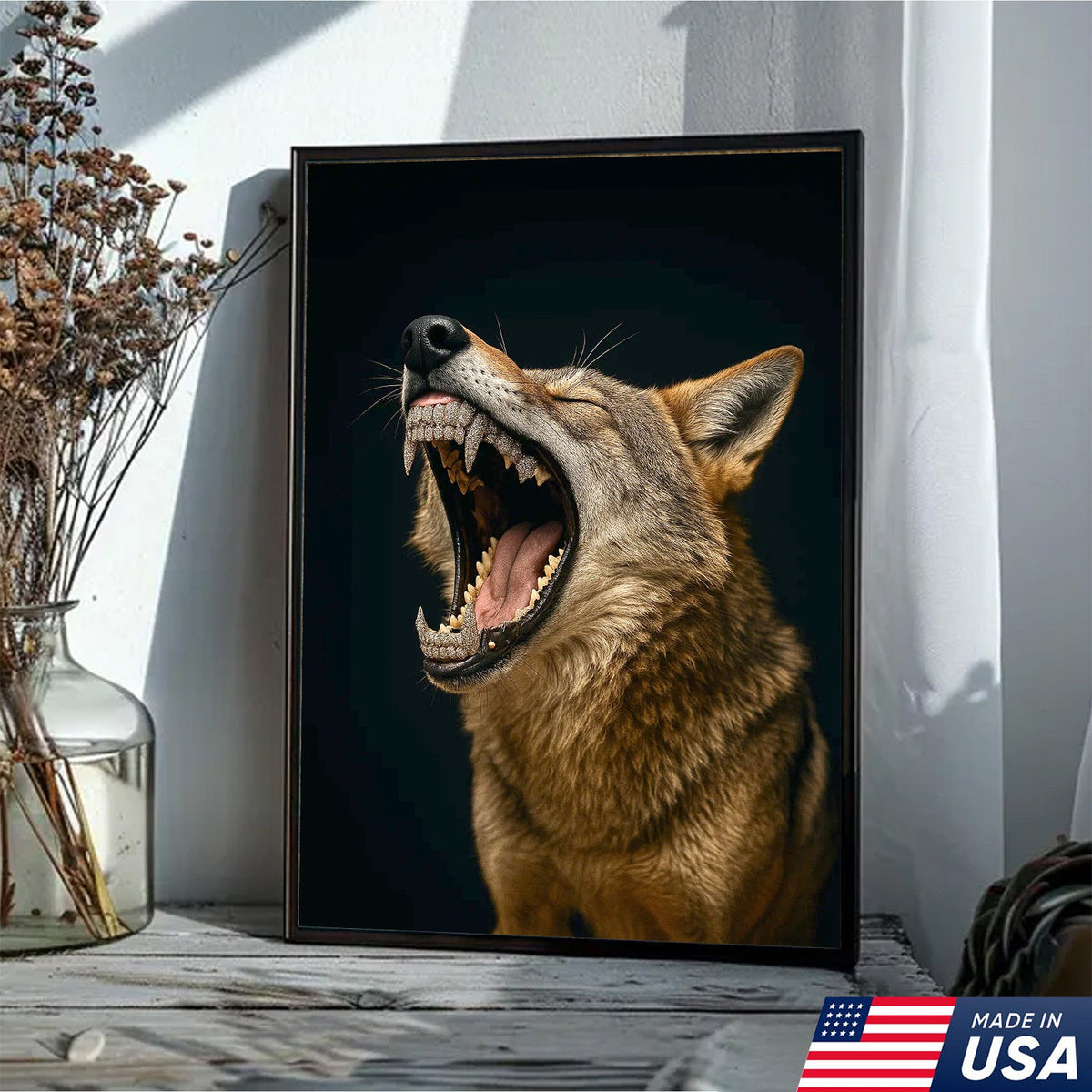 Roaring Wolf Canvas Wall Art, Fierce Animal Portrait Artwork, Rustic Wildlife Decor