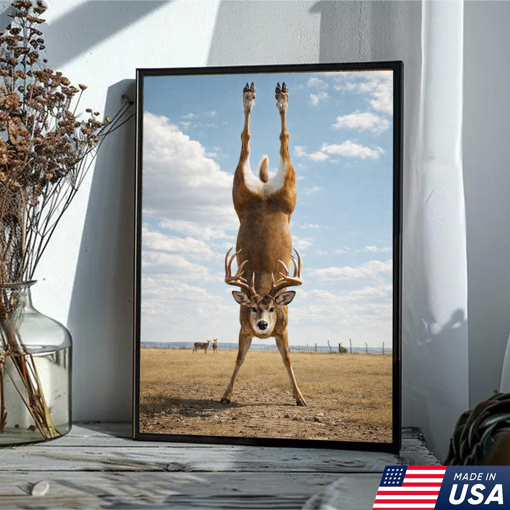 Upside Down Deer Canvas Wall Art, Funny Wildlife Photography Print