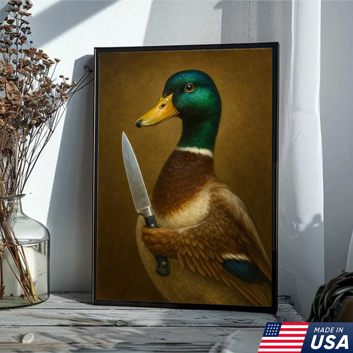 Funny Duck Chef Canvas Wall Art, Mallard Portrait for Kitchen Decor