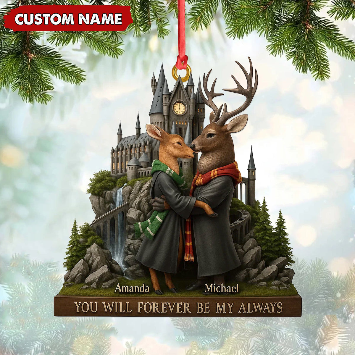 Personalized Wizard Castle Deer Couple Ornament, Custom Name Fantasy Lovers Christmas Gift, Magic School Romance Tree Decoration