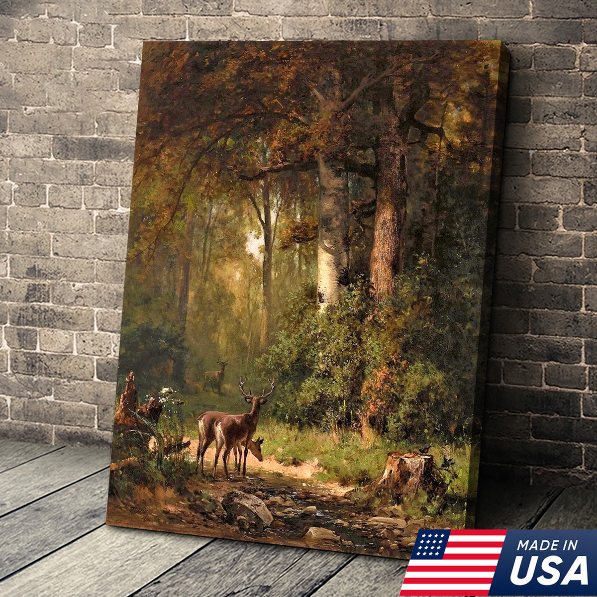 Deer Forest Canvas Wall Art, Vintage Woodland Stag Painting with Sunlit Creek