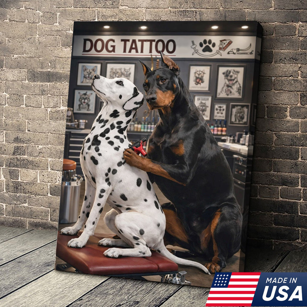 Funny Dog Tattoo Studio Canvas Wall Art, Doberman Tattoo Artist with Dalmatian Client
