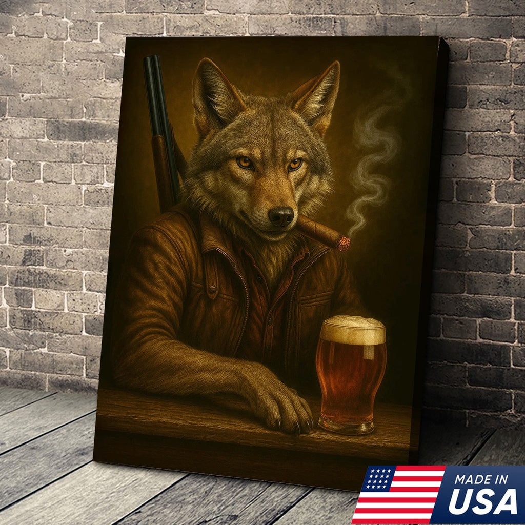 Alpha Wolf Coyote Canvas Wall Art – Fierce Surreal Portrait with Beer Glass, Bold Wilderness Decor