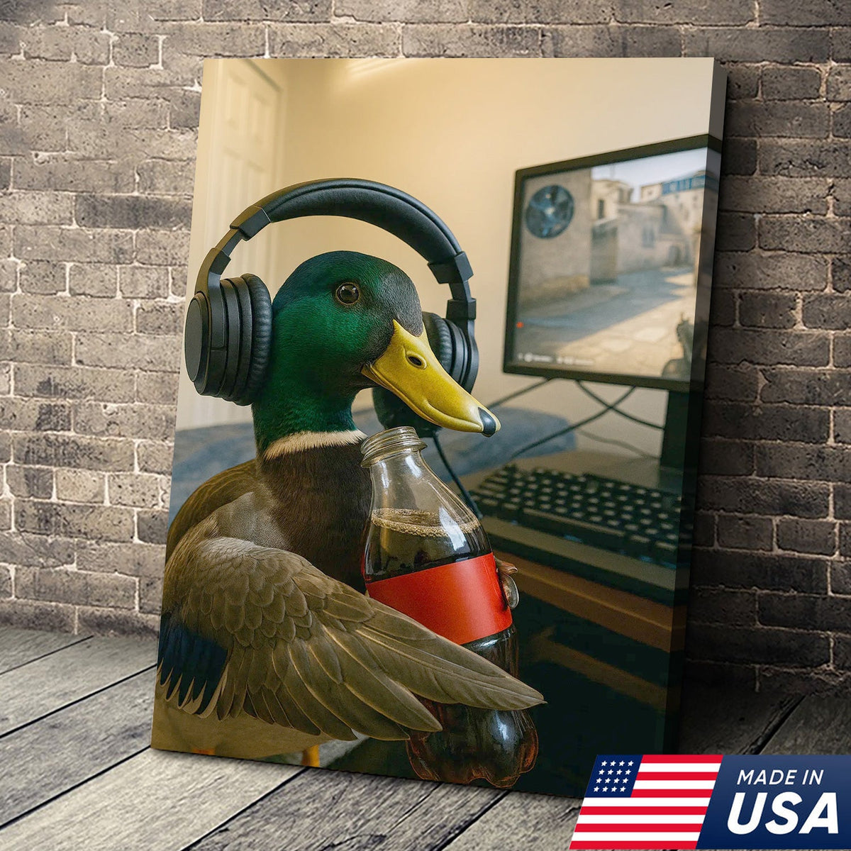 Funny Gamer Duck Canvas Wall Art, Mallard With Headphones and Soda