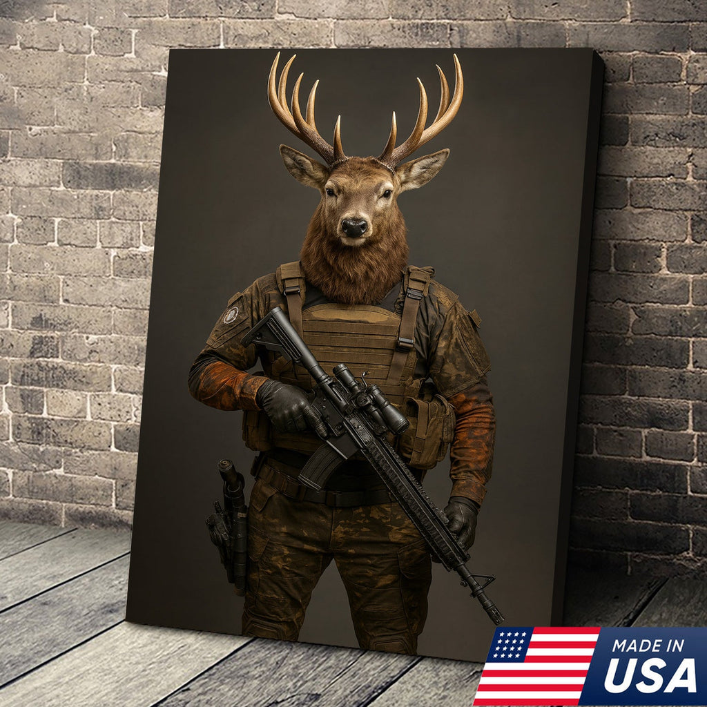 Tactical Deer Soldier Wall Art Canvas – Military Buck Canvas Print for Man Cave & Hunter Decor