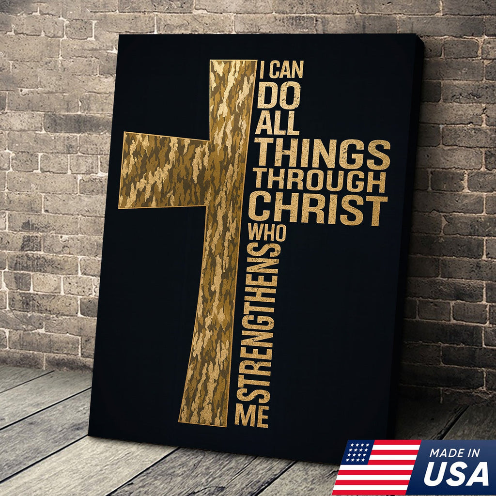 Camo Cross Christian Canvas Wall Art, Philippians 413 I Can Do All Things Through Christ Verse