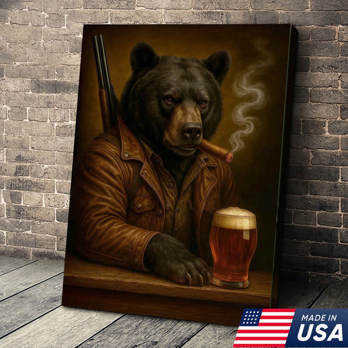 Black Bear Canvas Wall Art – Surreal Hunter Portrait with Beer Glass, Rustic Lodge Decor