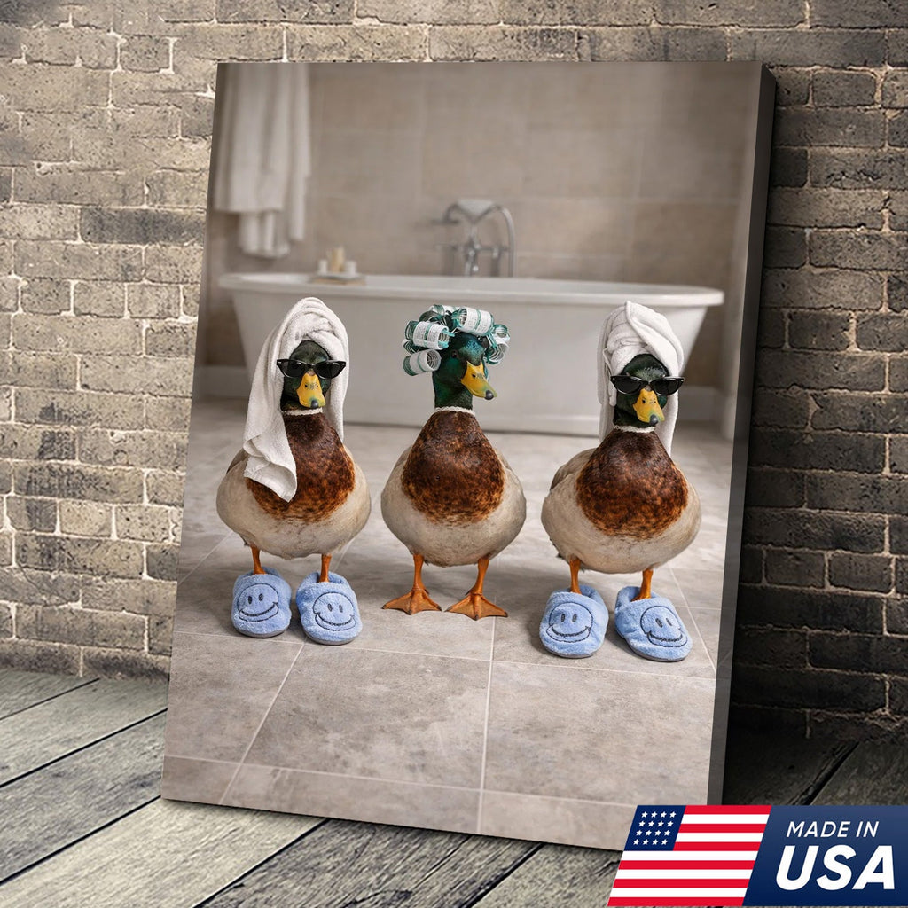Funny Duck Spa Bathroom Canvas Wall Art, Whimsical Farm Animal Self Care Illustration