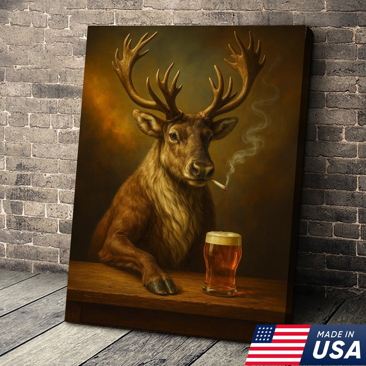 Rustic Caribou Canvas Wall Art – Majestic Caribou with Beer Glass – Hunting Cabin Lodge Decor